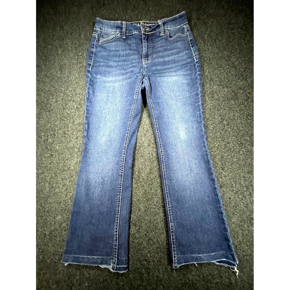 Roebuck & Co‎ Slim Bootcut Jeans Womens 4 Blue Denim Stretch Mid Rise Frayed Hem